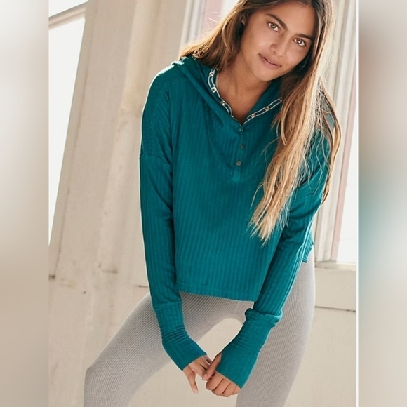 Free People Movement Blissed Out Rib Mock Neck Henley Hoodie in Teal Size Small - Picture 6 of 15